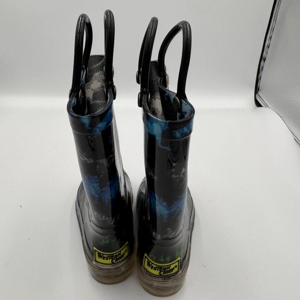 Western Chief Toddler Boy Size 6 Black and Blue Dinosaur Light Up Rain Boots